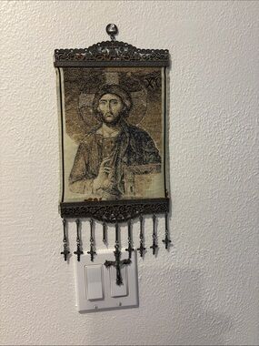 Religious Wall Hanging Tapestry with Metal Trim - Brown/Beige